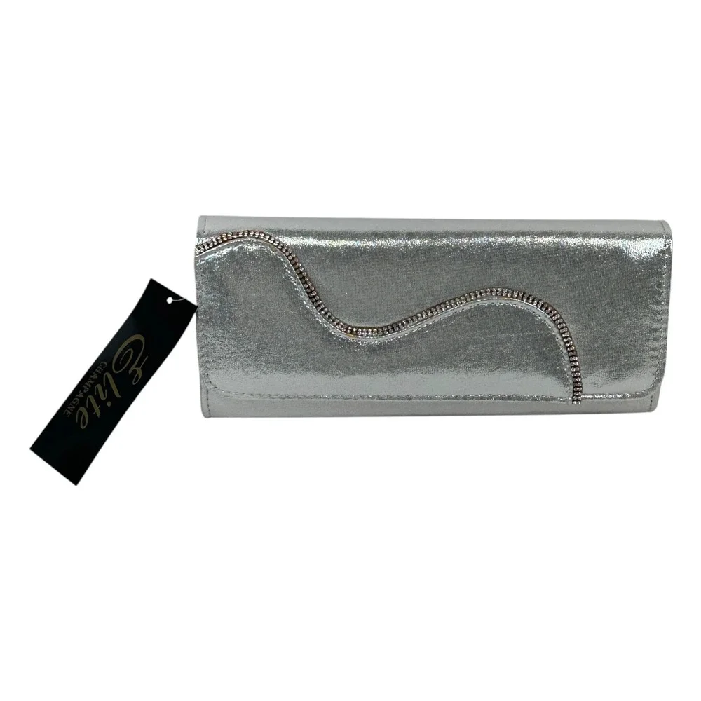 NWT Elite Champagne Clutch Purse Womens One Size Silver Glitter Rhinestone Chain